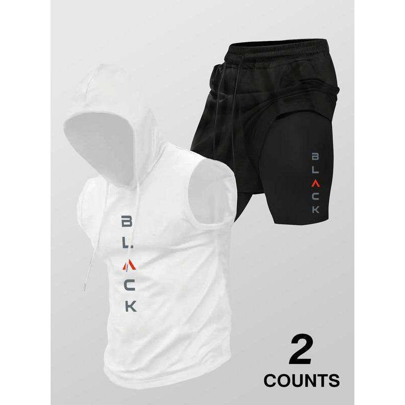 Running Fitness Printed Hooded Sleeveless Tank Top And Shorts Set
