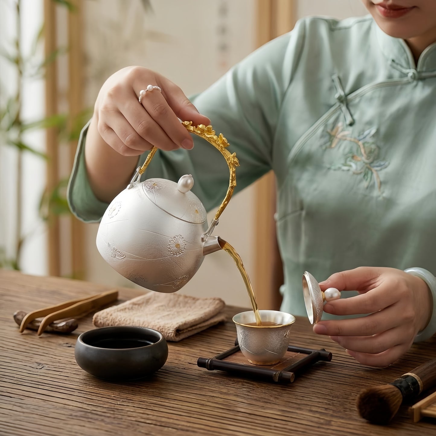 925 Sterling Silver Handcrafted Silver Tea Kettle with Ornate Floral Handle and Pearl Finial - Handicraft