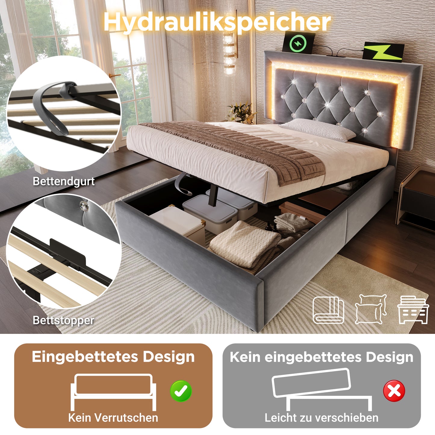Upholstered Bed 90x200 Cm Velvet Single Bed With LED Diamond Band In The Headboard, USB & Type-C Charging Station, Hydraulic Bed Base With Storage Space, Modern Youth Bed With Slatted Frame, Grey