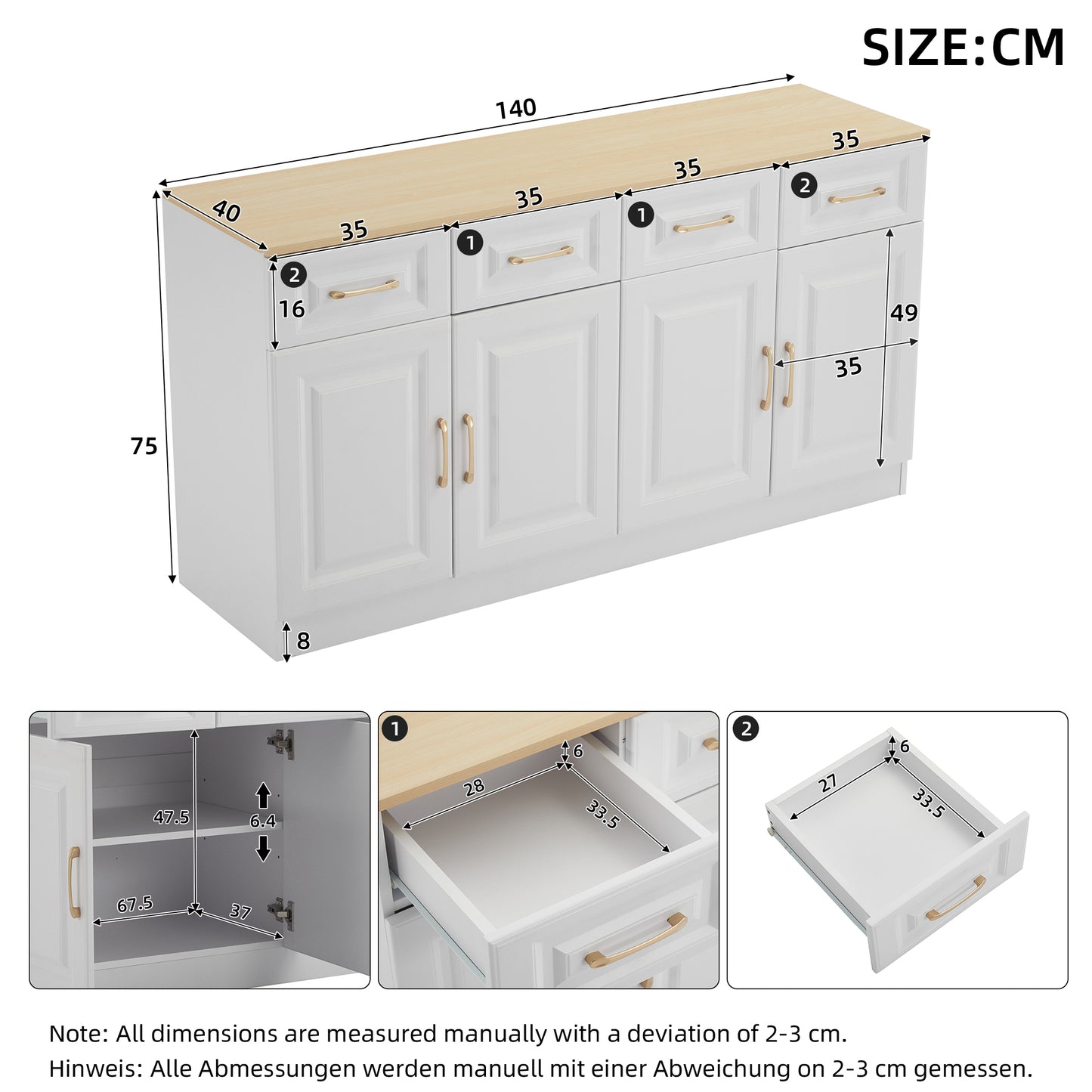 140 Cm Sideboard Buffet With Storage Space, Coffee Bar Cabinet With 4 Drawers And 4 Barn Doors, Long Storage Cabinet In Modern Farmhouse Style, White Wood, For Kitchen, Dining Room, Living Room