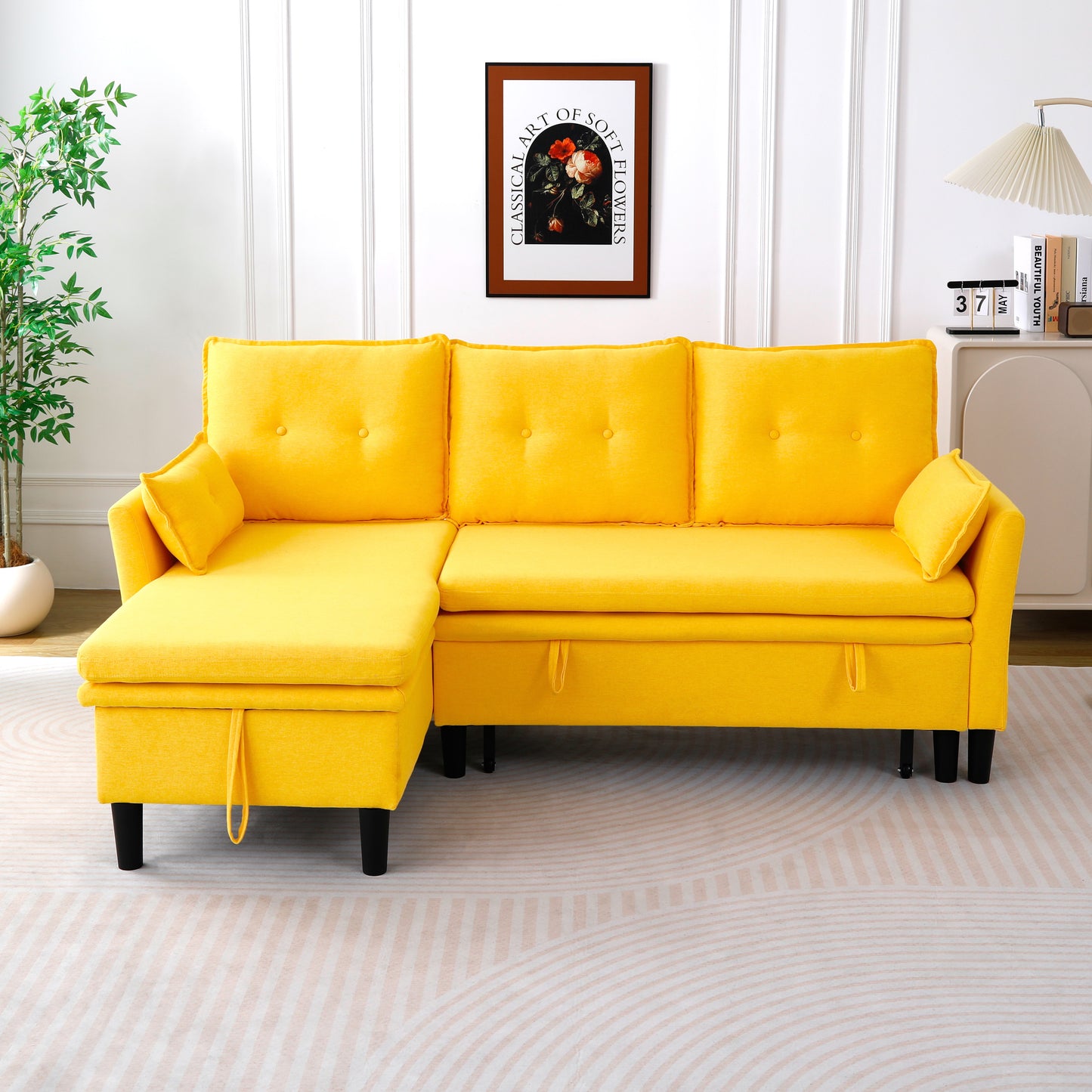 L-Shaped Reversible Chaise Sectional Sofa With Storage - Cotton-Linen, Yellow, Office & Apartment Ready
