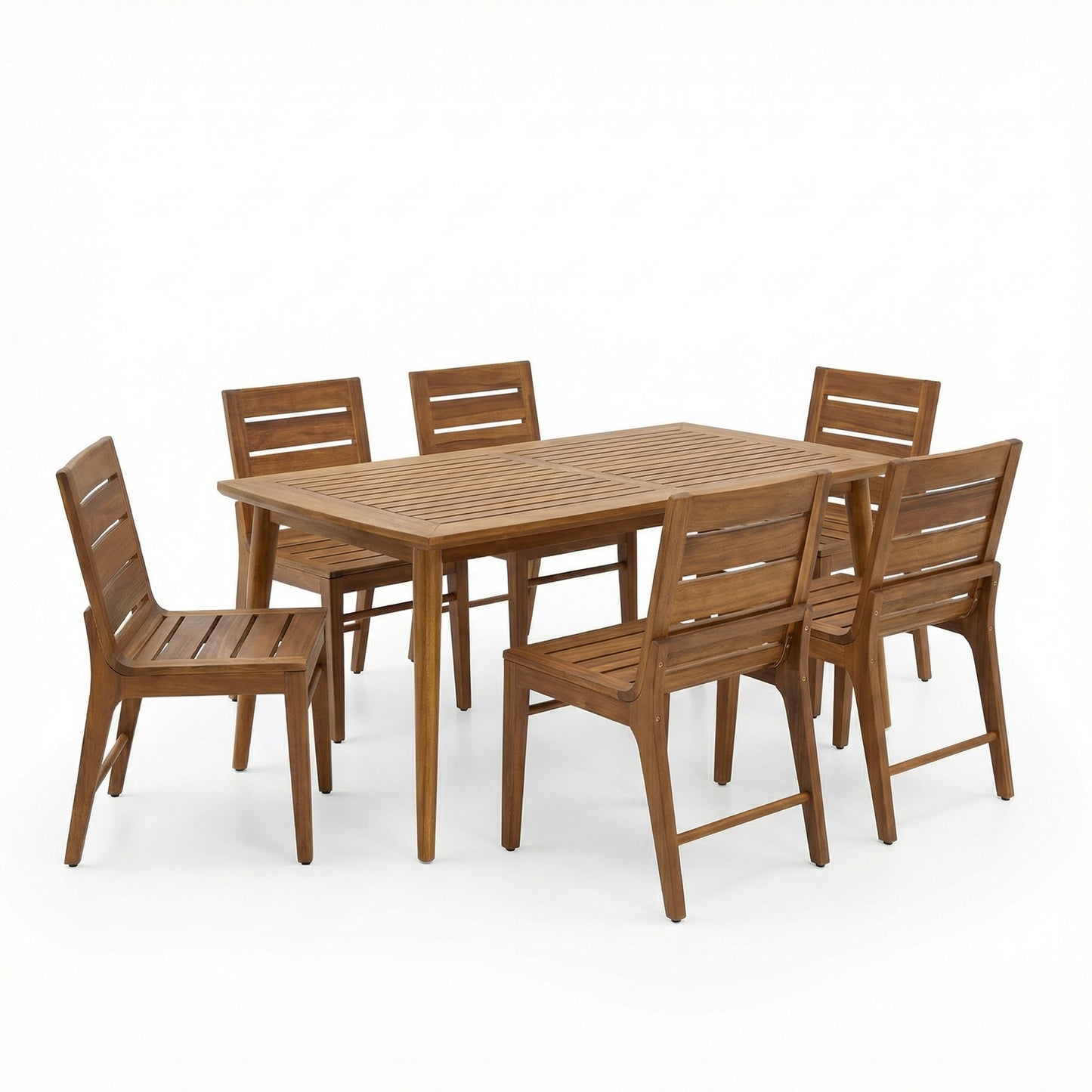 7 Piece Outdoor Acacia Wood Dining Set, 71  Teak Finish Rectangular Table With 6 Slatted Back Chairs, Curved Ergonomic Backrest Patio Furniture For Garden, Backyard