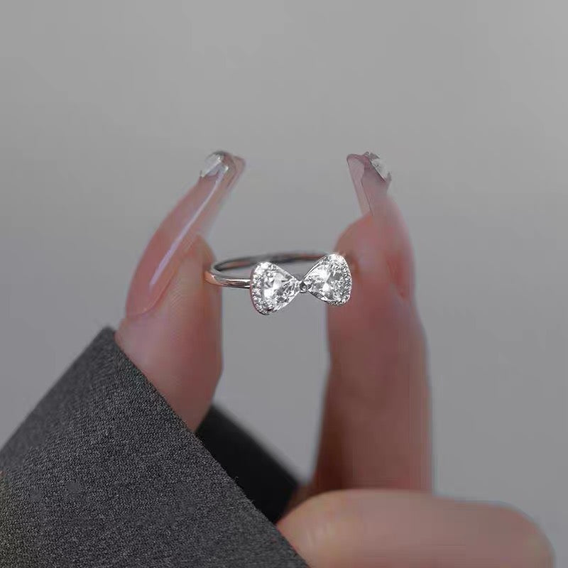 1pcs 990 Sterling Silver Sparkling Bow Statement Ring, Glamorous Romantic Style, Ideal For Birthdays & Holiday Gifts