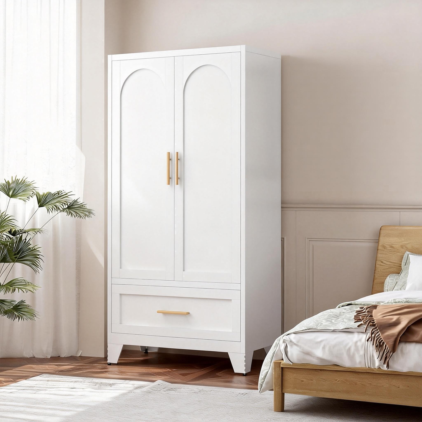 60inch Tall Metal Wardrobe Cabinet With 1 Drawer And Hanging Rod, 2 Doors Wardrobe Closet With Shelf For Bedroom, Office, Laundry Room,Entryway ,Foyer,Guesthouse White