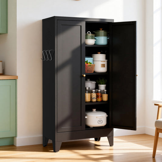 47.3  Black Metal Kitchen Pantry Cabinet Adjustable Storage With 3 Shelves  110lb Capacity , Heavy Duty Freestanding Pantry Organizer For Kitchen, Pantry, Living Room