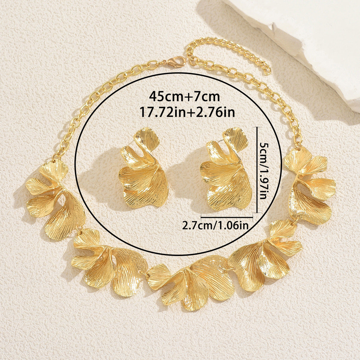 Cross-Border European American Jewelry Set For Women, Unique Exaggerated Wrinkle Flower Metal Necklace & Matching Earrings, Niche Versatile Fashion Jewelry