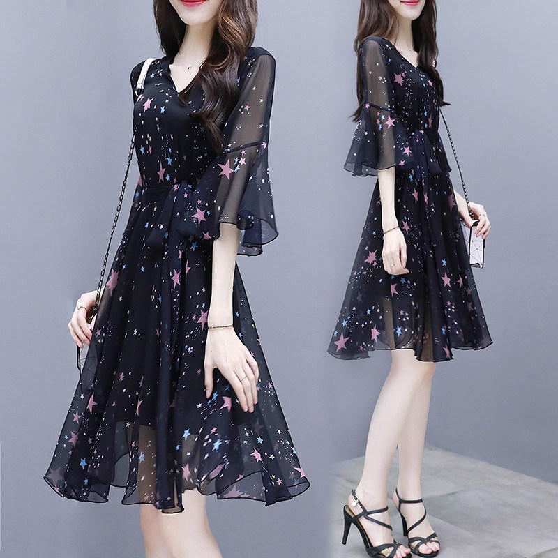Elegant Social-print Chiffon Dress Korean Style