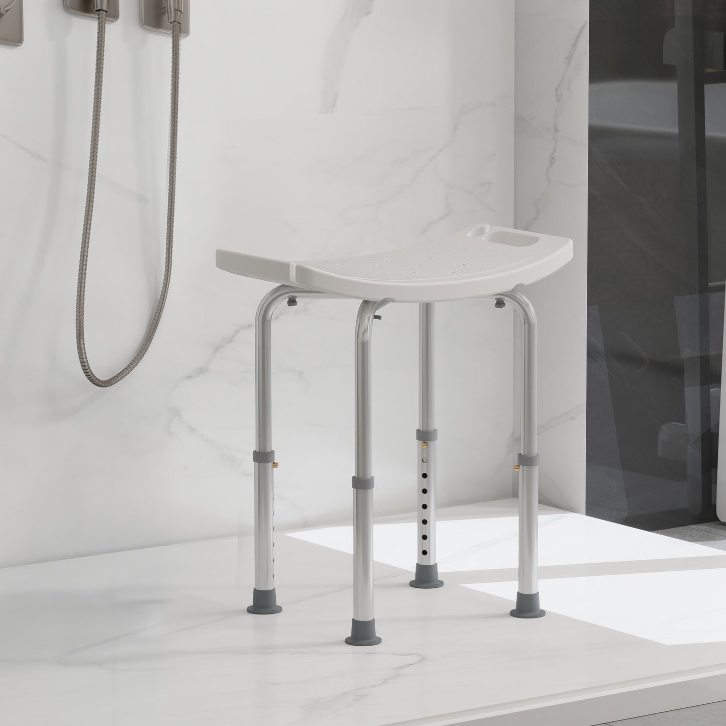 Height Adjustable Bath Stool, Aluminium Shower Stool With Non-Slip Pads For Elderly, Disabled, Seniors, Pregnant, White