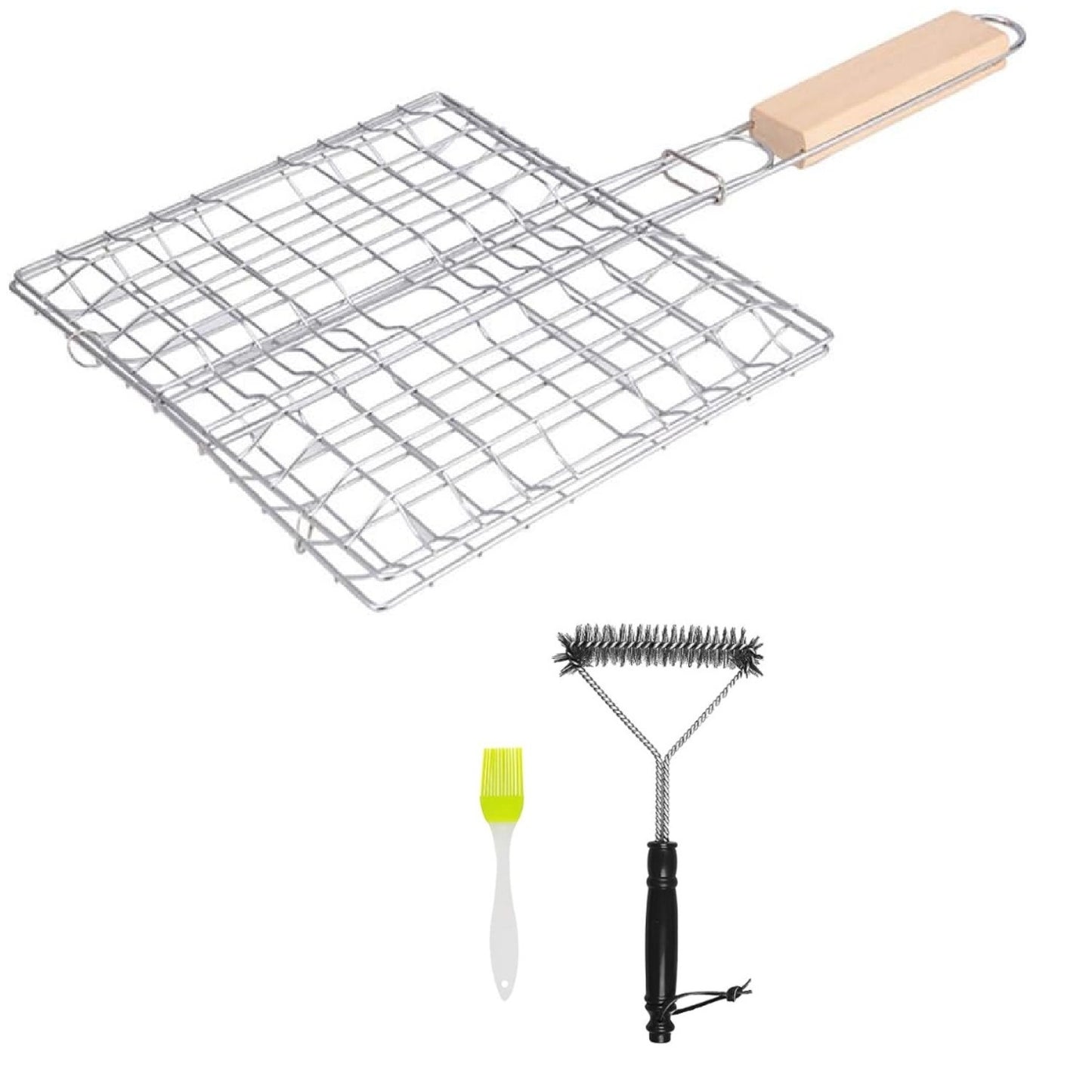 Grill Set – Portable Stainless Steel Grill With 21.5x19 Cm Grill Grid, Green Silicone Brush & Cleaning Brush For Outdoor Activities And Gardening Tools