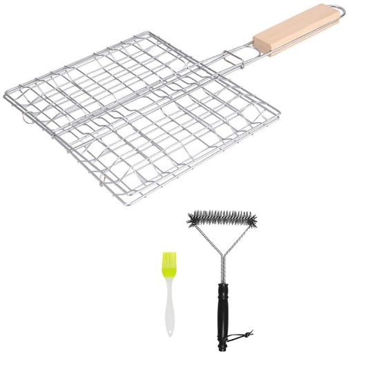 Grill Set – Portable Stainless Steel Grill With 21.5x19 Cm Grill Grid, Green Silicone Brush & Cleaning Brush For Outdoor Activities And Gardening Tools