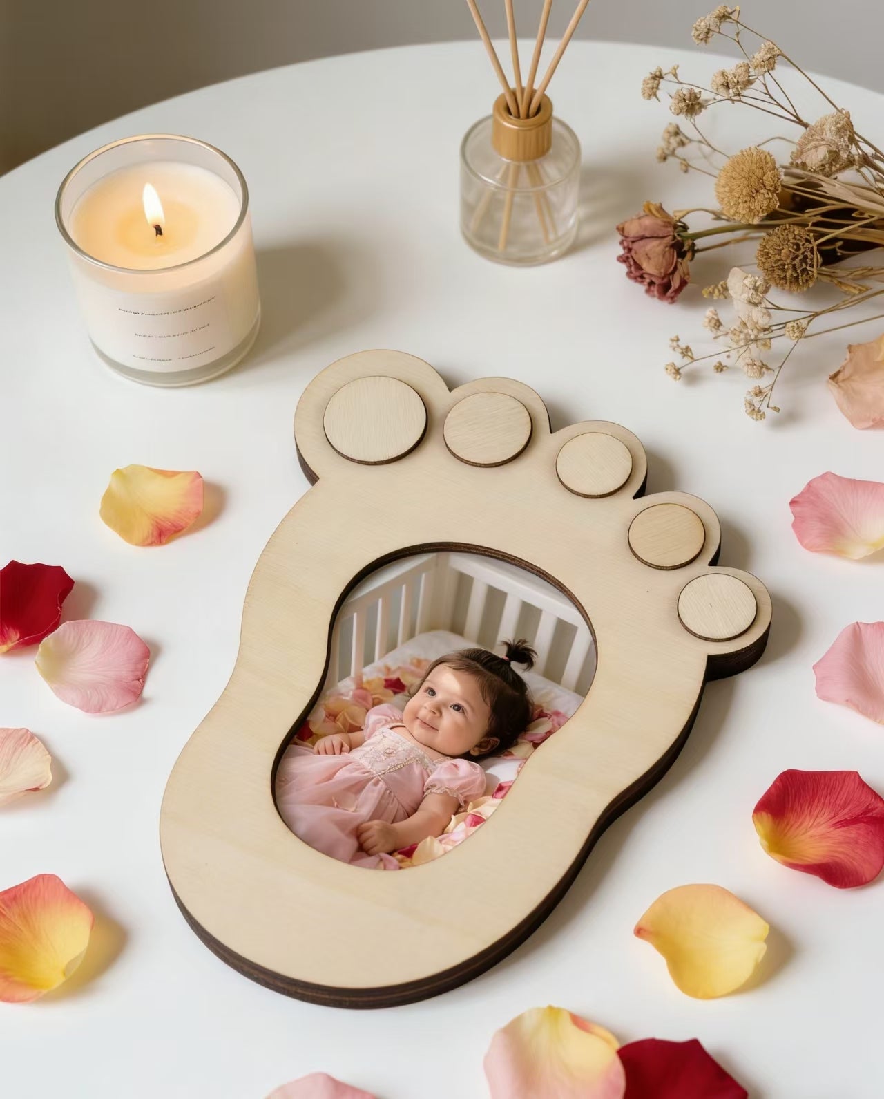 Baby Footprint Wooden Photo Frame, DIY Writeable Newborn Keepsake Picture Frame, Natural Wood Baby Shower Gift For Infant Boys Girls