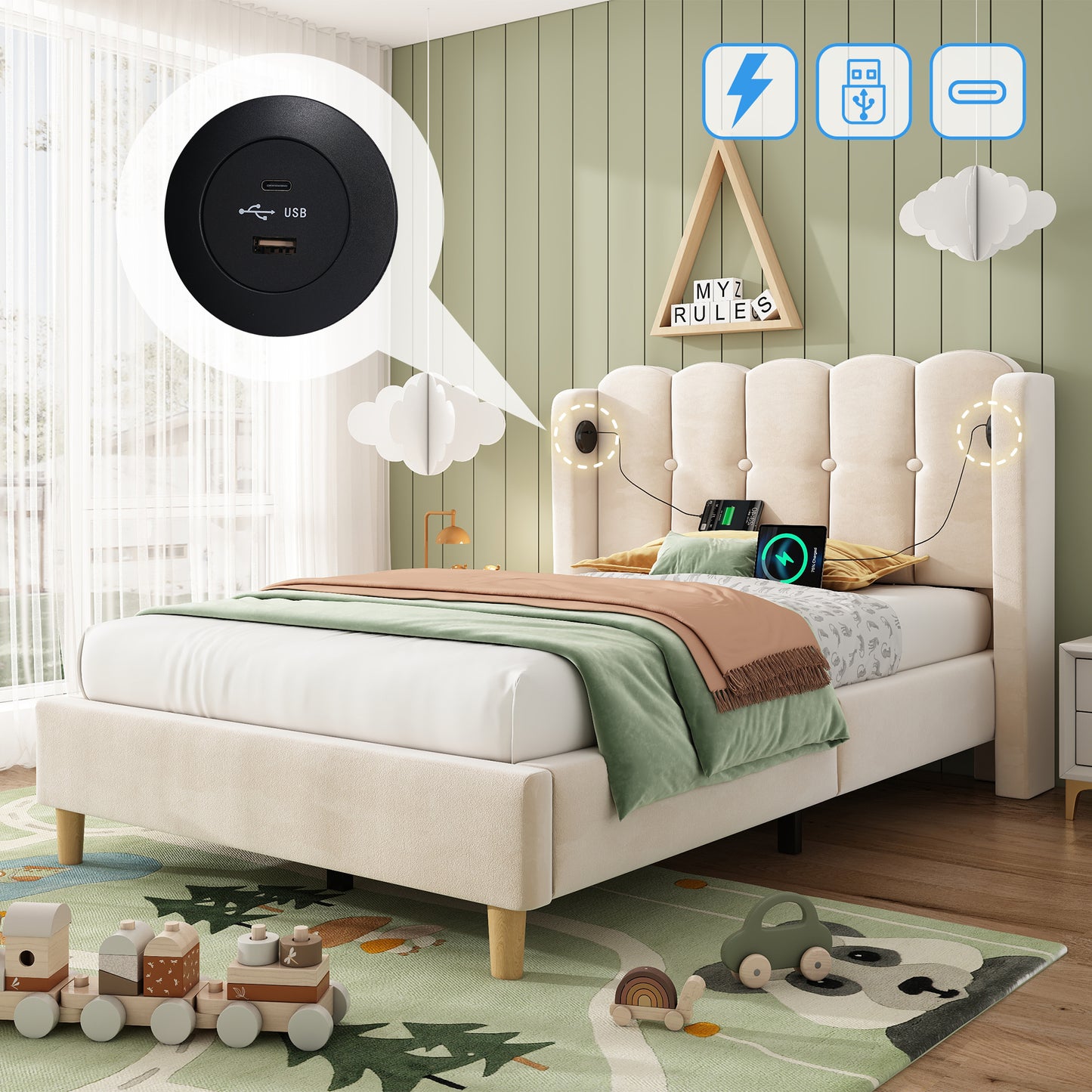 Upholstered Single Bed With USB And Type-C Charging, 3FT Bed Frame With Wooden Slatted Frame, Teenager Bed For Bedroom & Guest Room, 90 X 190 Cm, Beige, Velvet   No Mattress