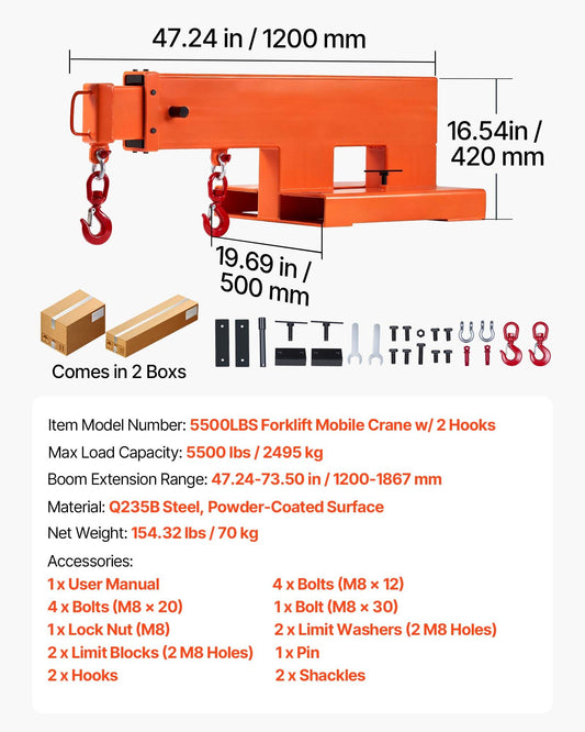 Forklift Jib Boom Crane, 5500 Lbs Capacity, Forklift Mobile Crane Lifting Hoist With 2 Hooks, Manual Telescopic 47.2-73.5 In, Boom Attachment Towing Handling Equipment For Warehouse & Factories