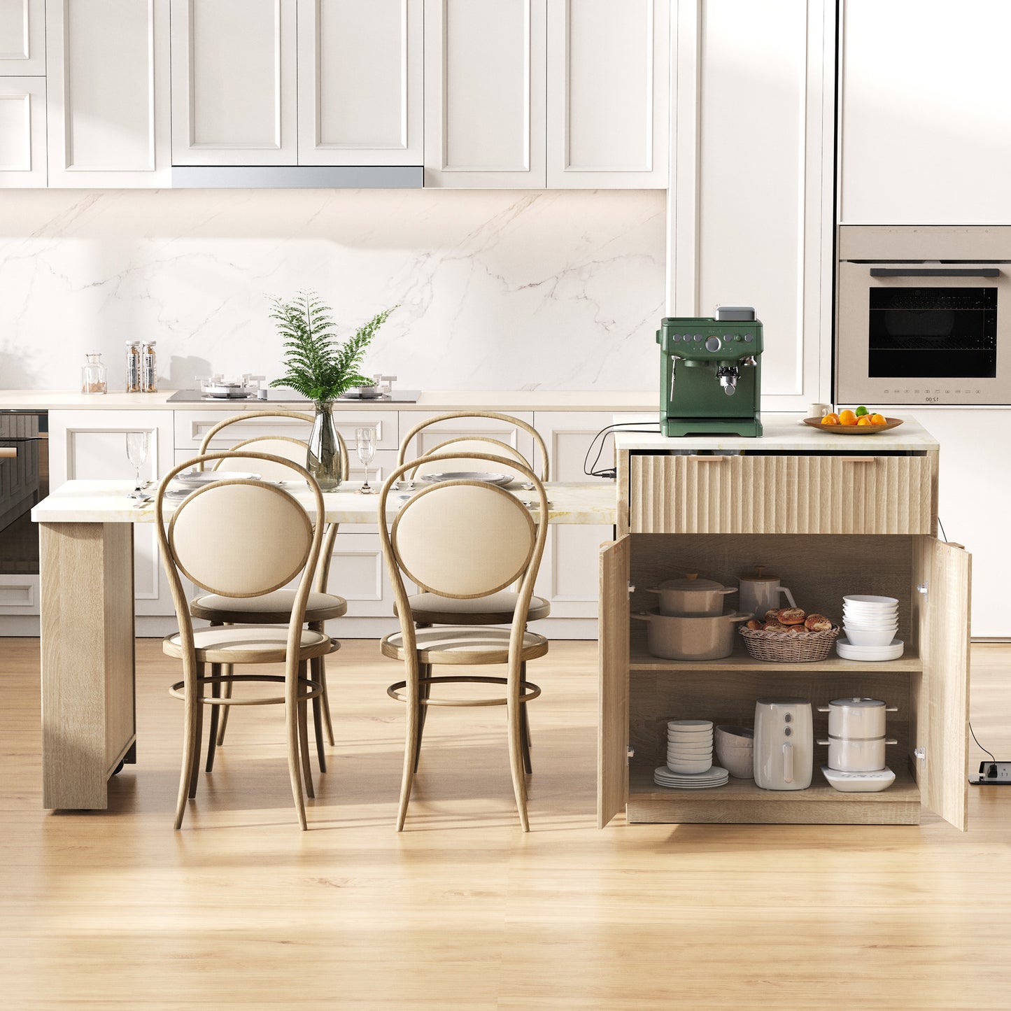 K&K 82.6  Fluted Kitchen Island With Extendable Dining Table For 4 6, Island Table For Kitchen With Power Outlet, Kitchen Table With Double Side Storage, 2 Drawers 2 Side Open Shelves, Natural