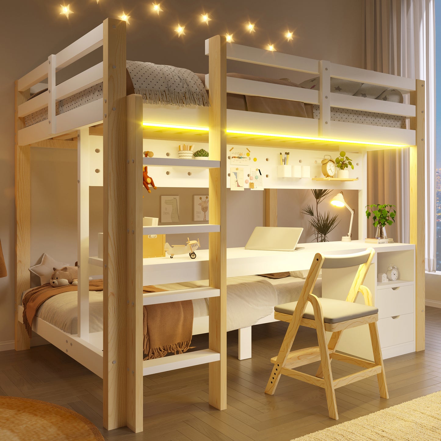 Loft Bed, 90x200 Cm And 140x200 Cm, Pinewood, With Drawers And Desk, Equipped With Perforated Plate Hanging Device, Including LED Light Strip, Without Mattress
