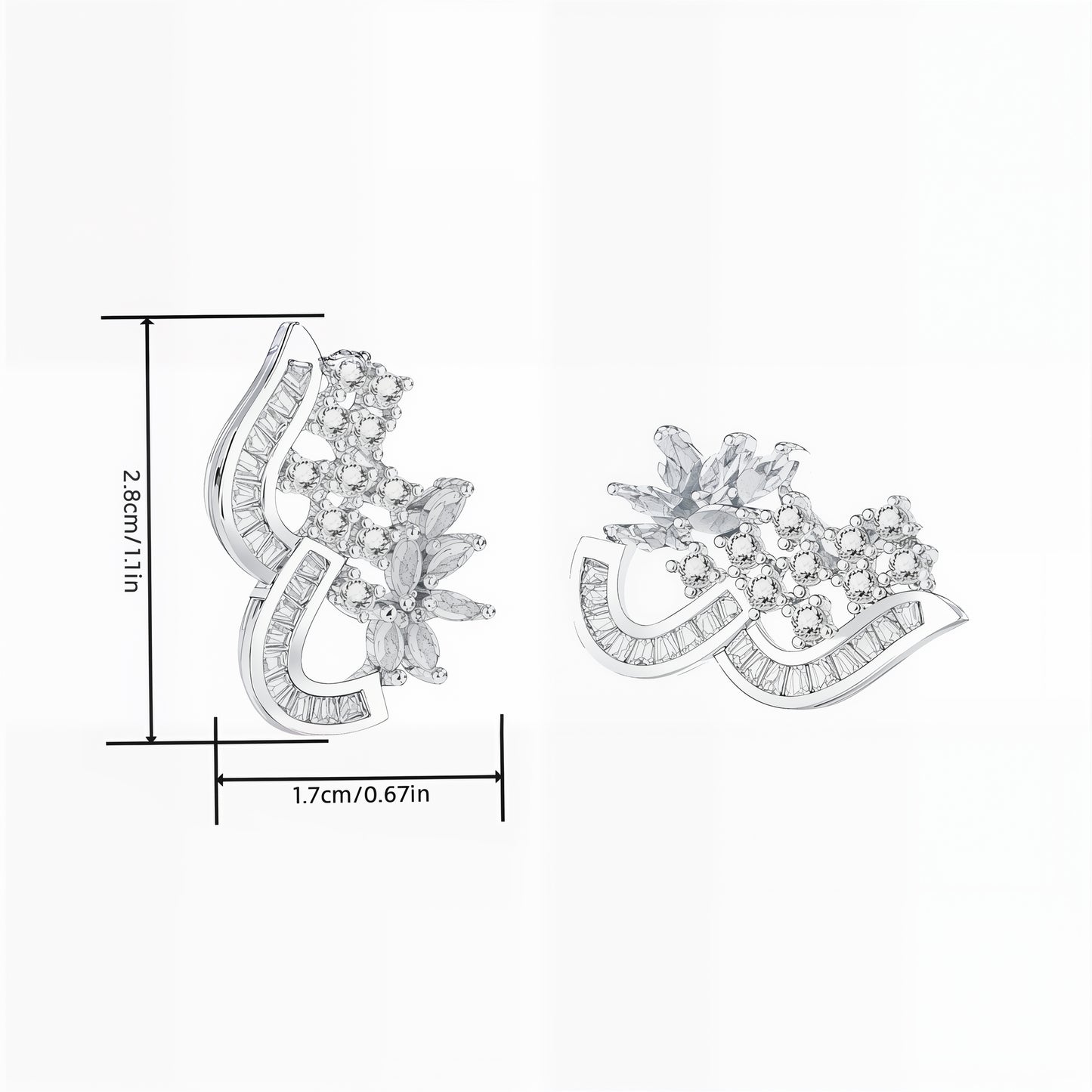 Irregular Curved Intertwined Flower Paved Clear CZ Stud Earrings For Women, Copper Silver Plated Marquise Crystal Vintage Wedding Party Statement Jewelry Gift