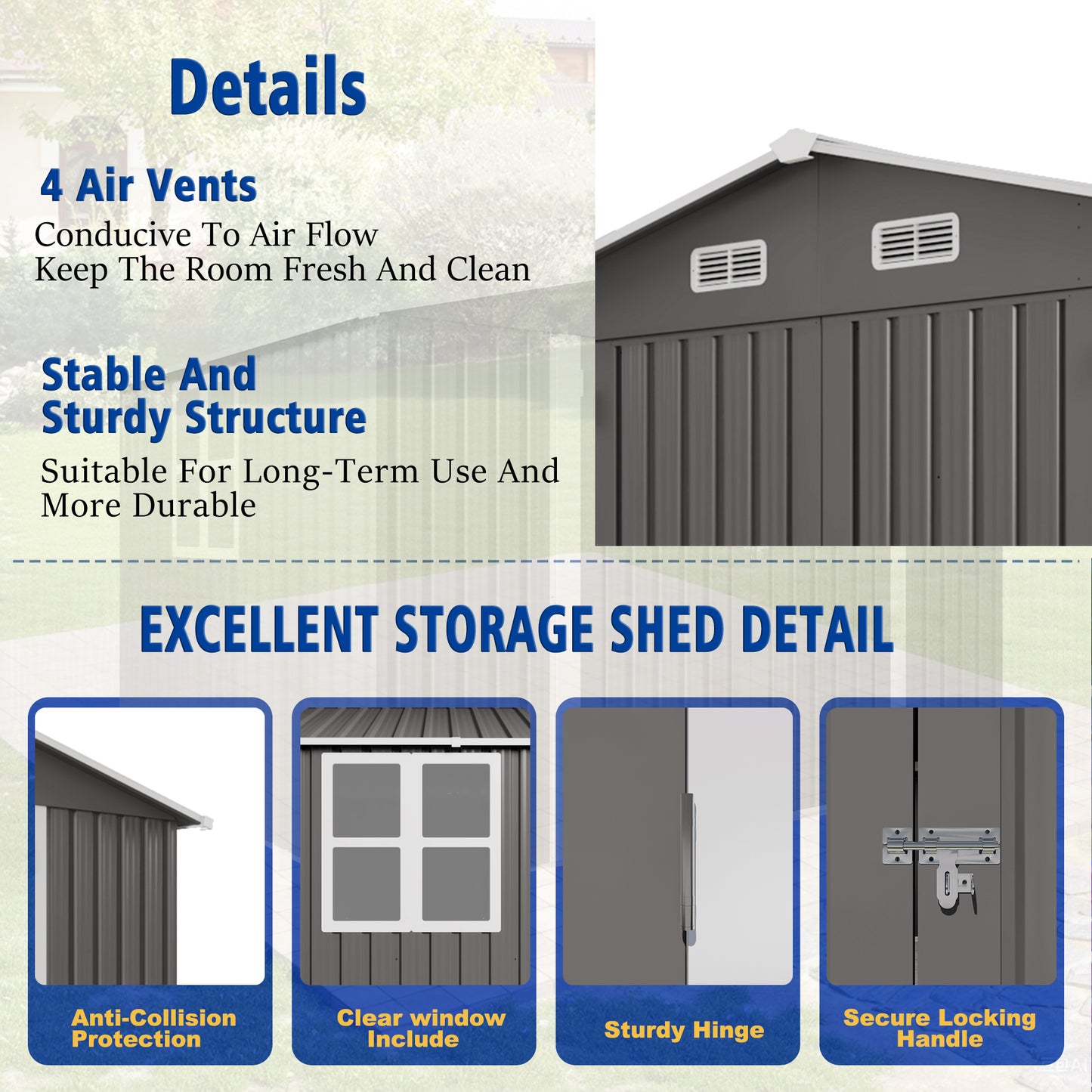 10 X 8 FT Outdoor Storage Shed, Large Metal Storage Shed, Lockable Door And Air Vent, Clear Window Garden Tool Shed For Bicycles, Tools, Lawnmowers, Backyards, Patios, Lawns - Gray