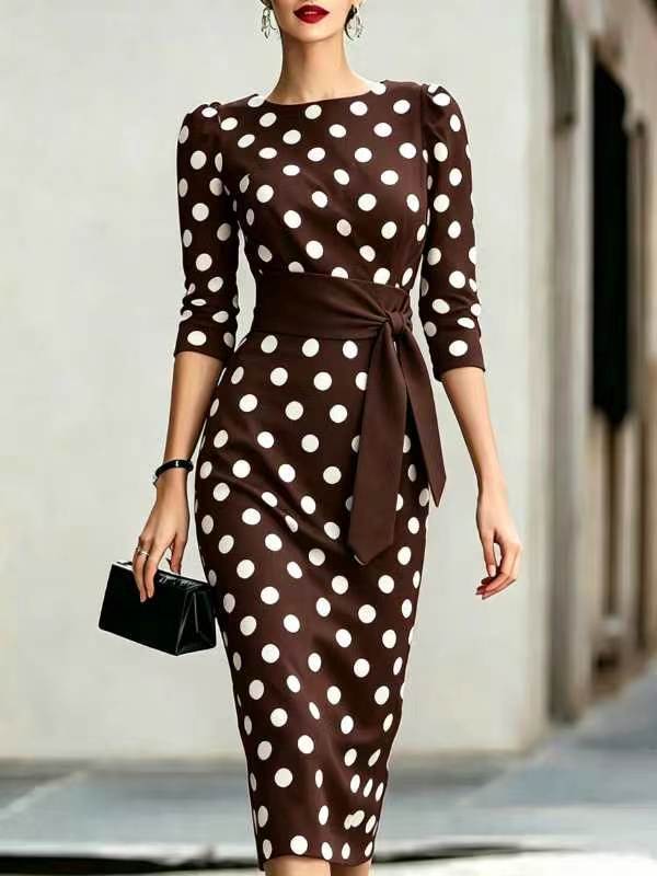 Women Elegant Black White Polka Dot Midi Dress With Waist Belt Three-Quarter Sleeve O Neck Pencil Bodycon Formal Work Office Party Dress