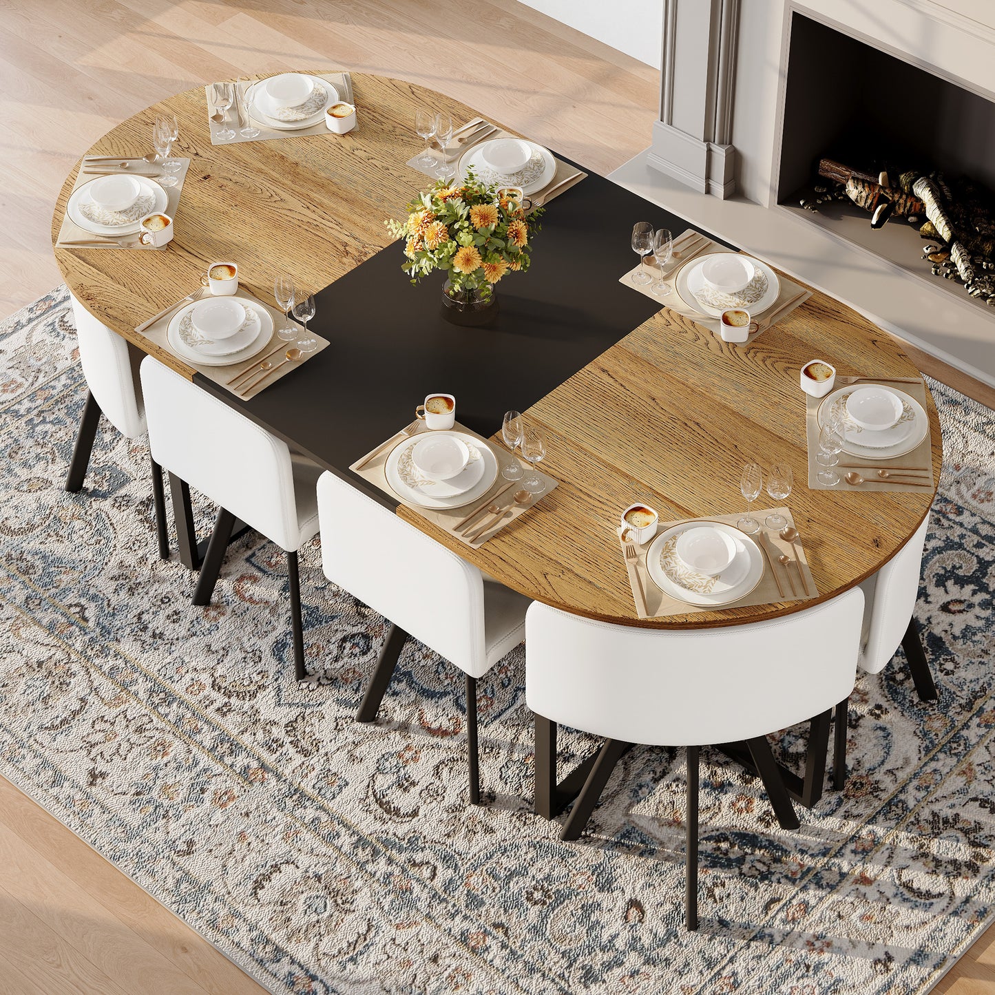 9-Piece Oval Dining Table Set, Fixed Two-Tone Wood Grain & Black Wood Grain Triamine Tabletop With 8 White PU Leather Chairs, Modern Kitchen Table Set For 8 People, Ideal For Family Gatherings