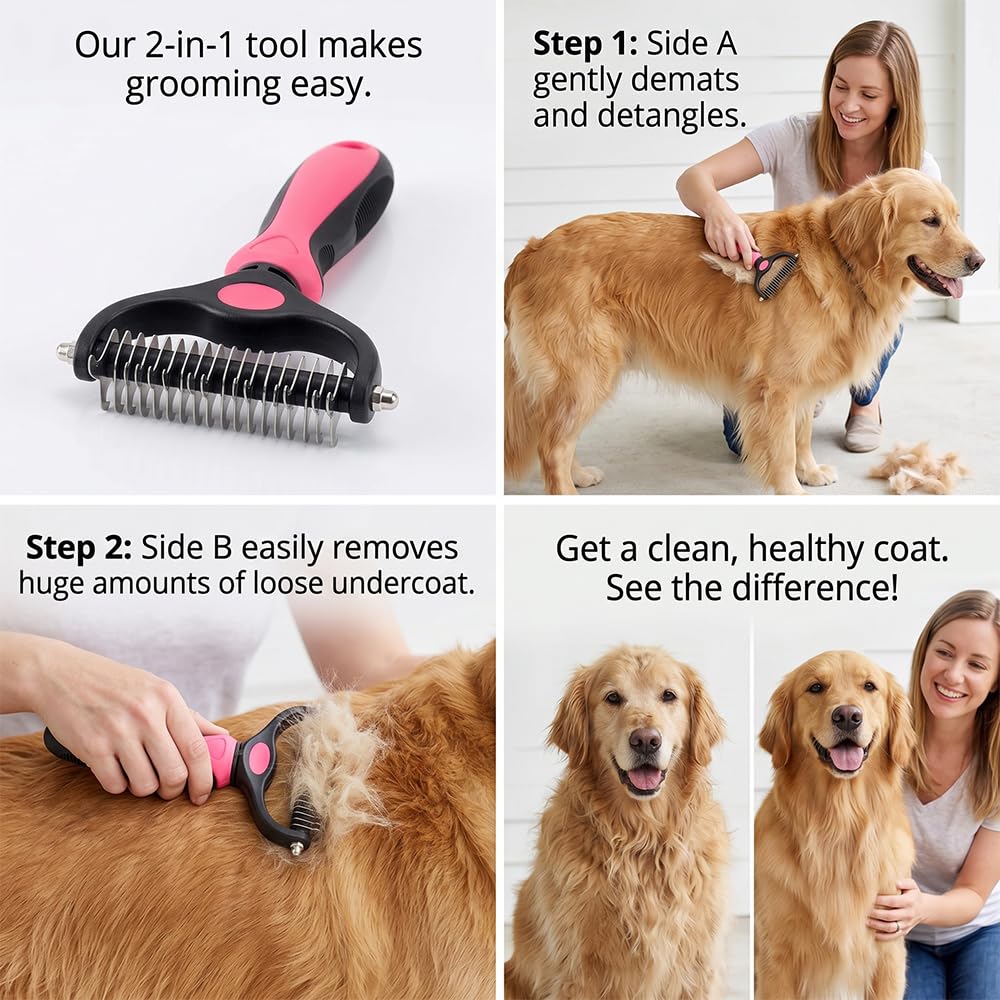 Dematting Comb For Dogs And Cats, Undercoat Rake Pet Brush For Long Hair, Deshedding Dog Brush Removes Tangles Knots And Loose Fur, Grooming Tool For Thick Coats