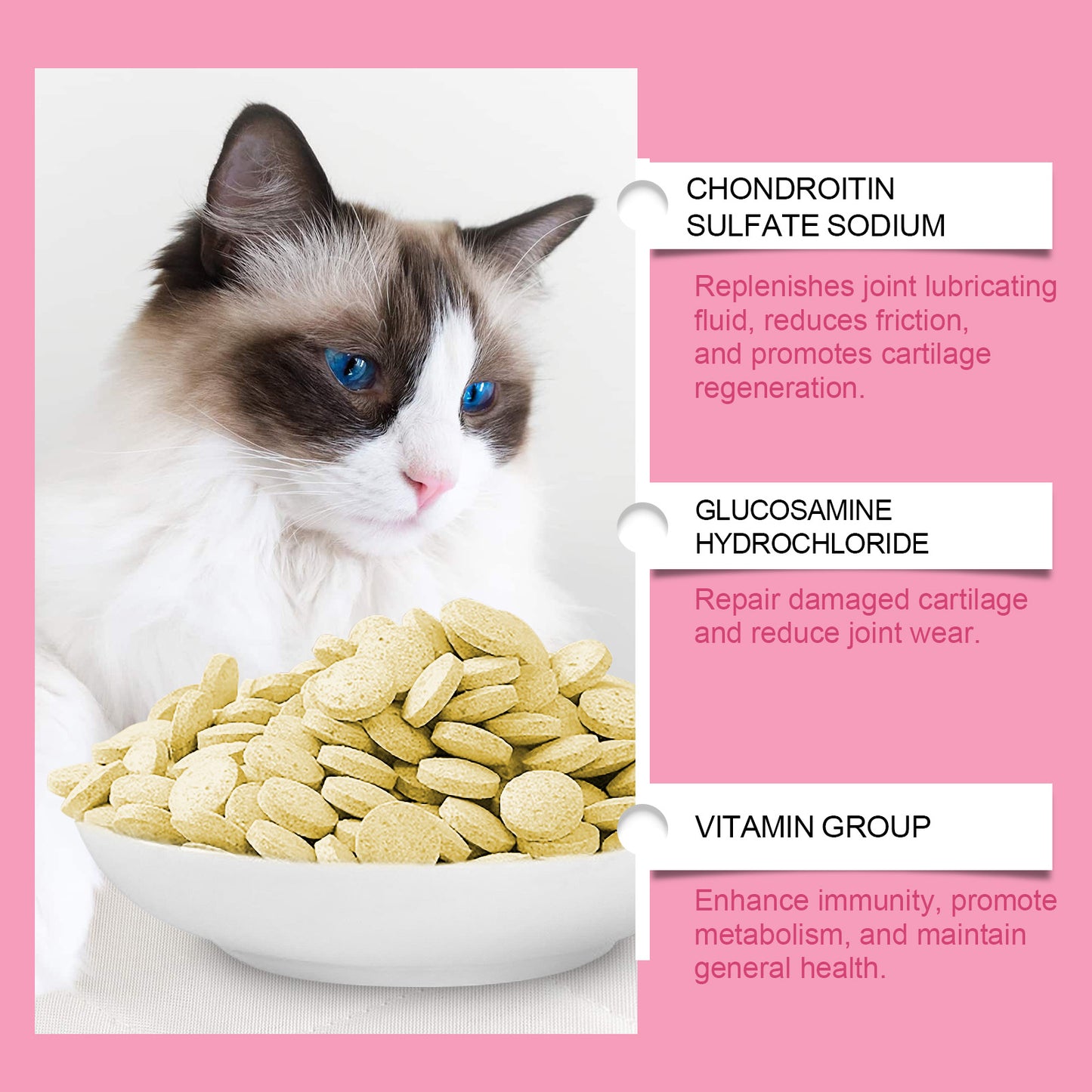 Cat Joint Health Support Tablets, Glucosamine Joint Supplement For All Breeds & Sizes Cats, 80 Count Joint Care Chewable Tablets To Relieve Joint Discomfort