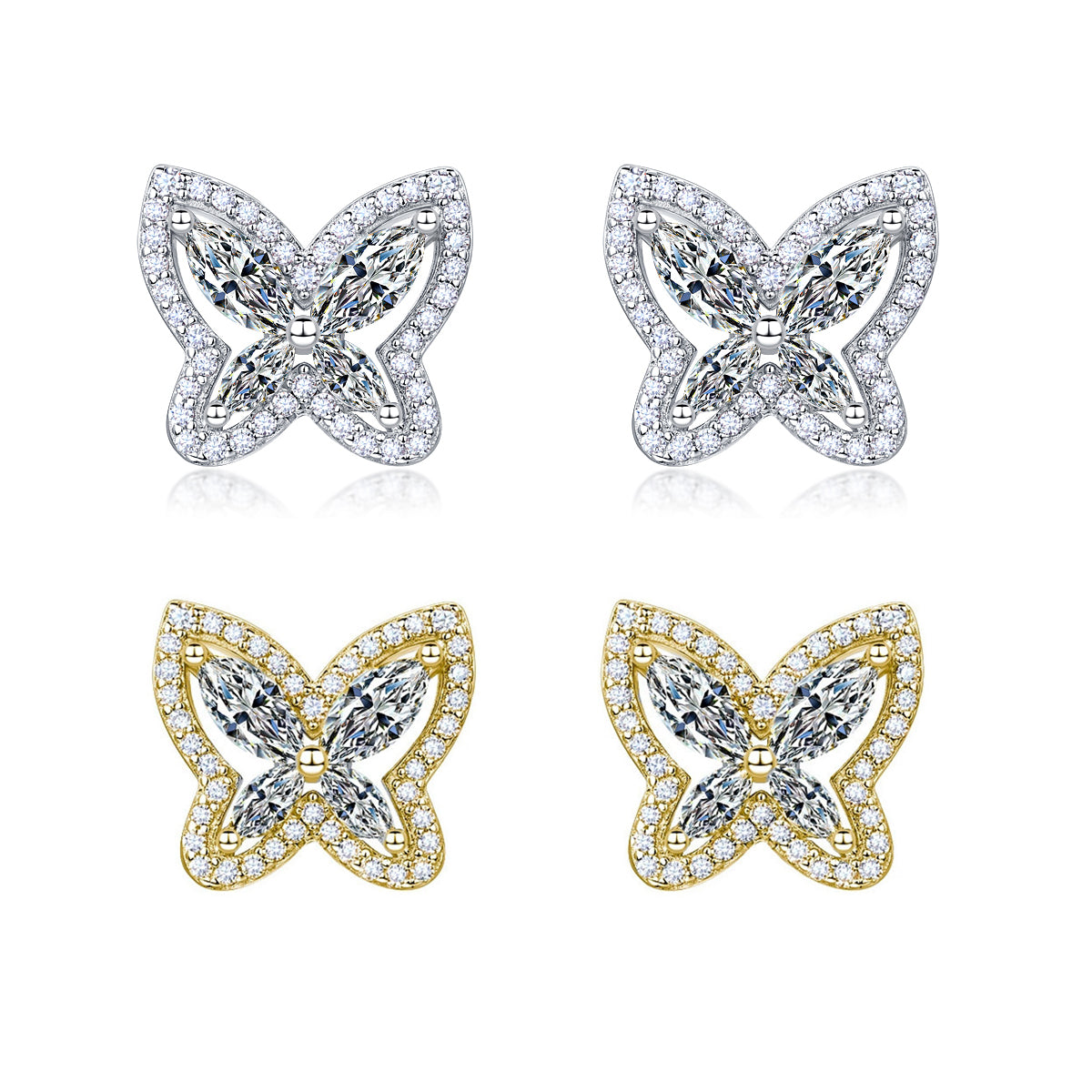 S925 Sterling Silver Butterfly Stud Earrings, D-VVS1 Moissanite Marquise Cut, Platinum Plated 3.3g Women's Jewelry Gift Box