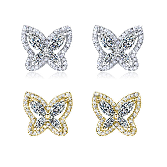 S925 Sterling Silver Butterfly Stud Earrings, D-VVS1 Moissanite Marquise Cut, Platinum Plated 3.3g Women's Jewelry Gift Box