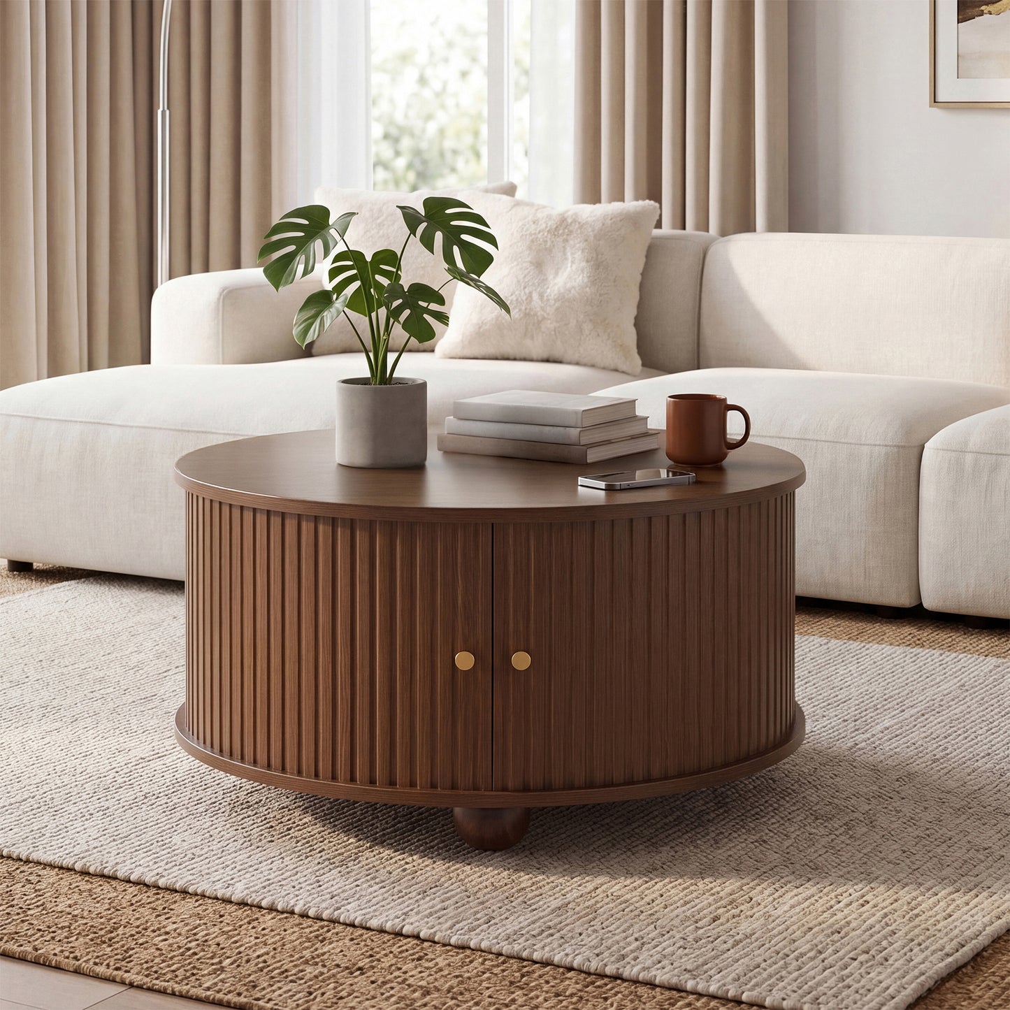 Coffee Table, Round Coffee Table, Living Room Table, Circumferential Vertical Relief Structure, Two Sliding Doors, MDF Body, Metal Handles, Spherical Metal Feet, Four Separate Storage Compartments