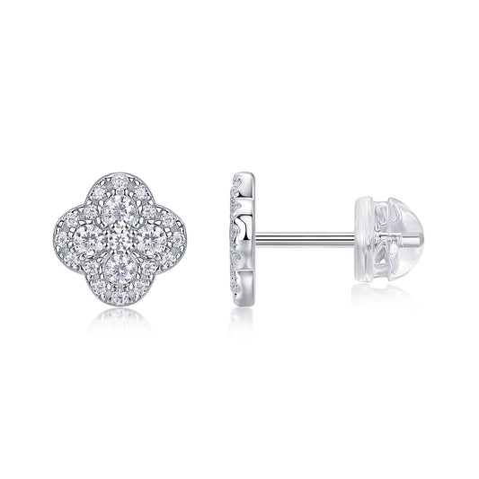 S925 Sterling Silver Clover Stud Earrings, D-VVS1 Moissanite Pave, Platinum Plated 1.2g Women's Jewelry Gift Box