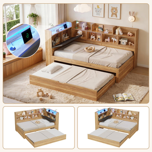 Children's Bed, Storage Bed 90x200 With LED Lighting, USB Charging Ports And Pull-out Bed 90x190cm, Daybed, L-shaped Wooden Bed, Daybed With Shelves, Natural Colour