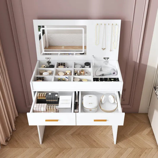 Flip Top Vanity Desk With LED Lighted Mirror & Built-in Outlet - Makeup Vanity Table With 2 Drawers, Open Storage, Hooks For Jewelry (No Stool Included, White)
