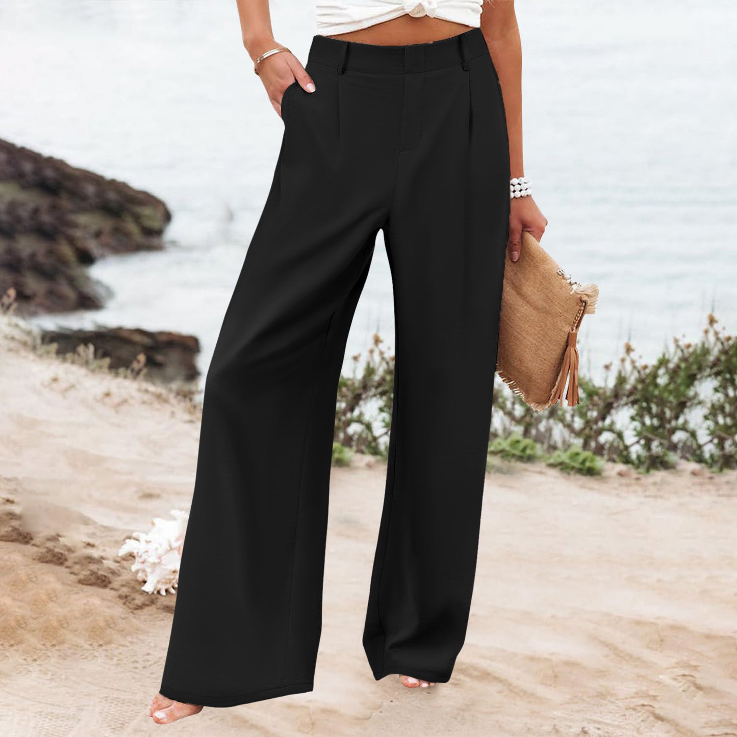 Womens Summer Fashion Loose Solid-color High-waisted Casual Pants Straight-leg Trousers