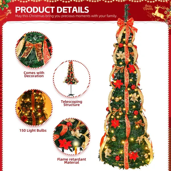 6 FT Fully Decorated Pre-lit Christmas Tree, Pop Up Artificial Xmas Tree With 150 Warm Lights Battery Operated And Red & Golden Ornaments For Home Office Store Holiday Deco