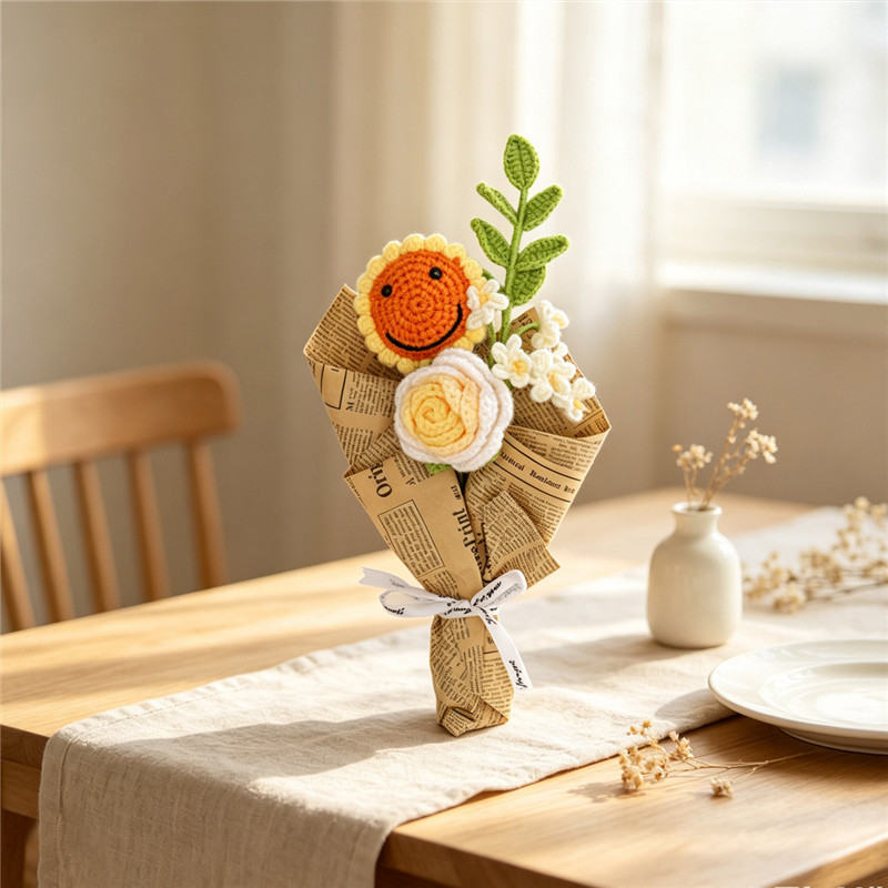 Forever Crochet Yarn Flower Bouquet , Purple Rose Mixed Knitted Artificial Flowers Gift Bouquet