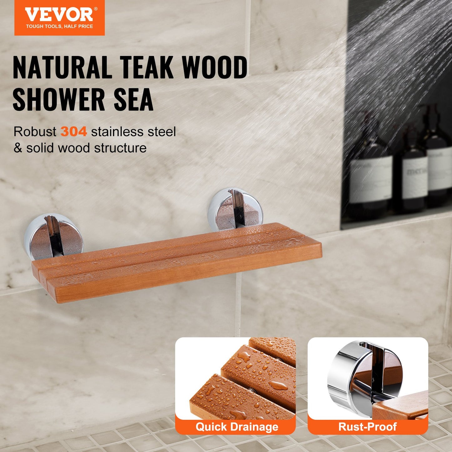 Folding Teak Shower Seat, 20.1" X 13.2" Unfolded, Wall Mounted Fold Up Shower Bench With 440 Lbs Load Capacity, Space Saving Home Care Fold Down Shower Chair, For Seniors Pregnant Women Children