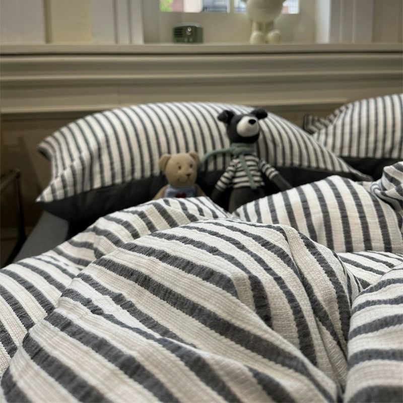 Korean-style Striped Puffy Duvet Cover 4-piece Bedding Set