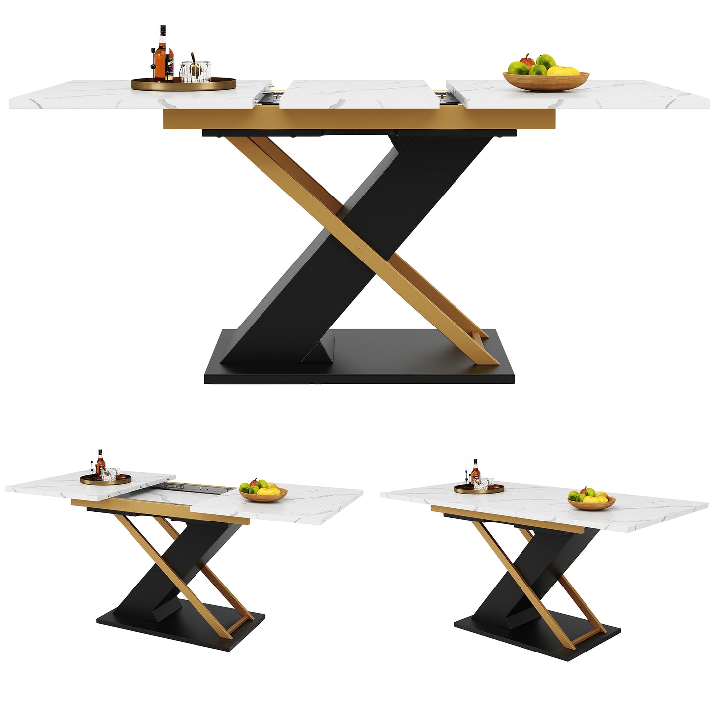 Dining Table Extendable Table  120-160x80cm , Kitchen Living Room Table, Extendable Table, Extendable To 160cm With The Help Of Internal Insertion Plate, Dining Table With Golden Cross Legs