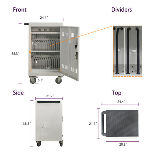 30 2Bay Mobile School Charging Cart Station For Chromebook, Tablet And Laptop Computer With Power Strip Included, Assembly Required-WHITE