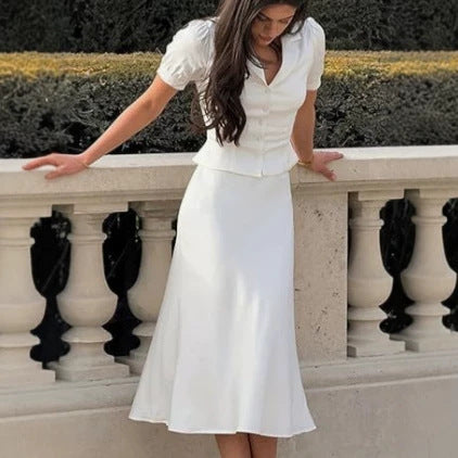 Summer New Arrival Elegant Lapel Single-Breasted Short-Sleeve Top And Sheath Skirt Two-Piece Set