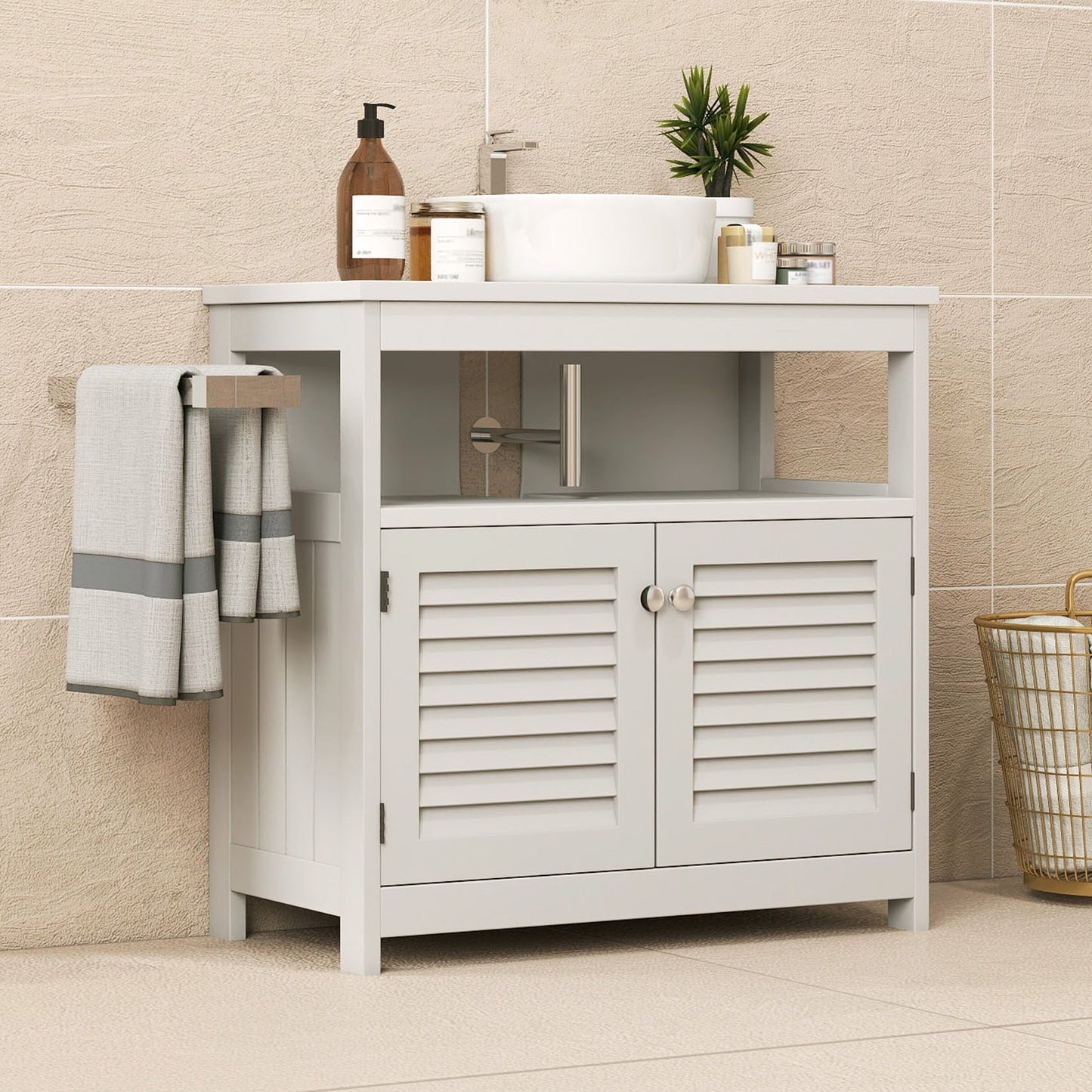Wall Mounted Sink Plumbing Under Sink Storage Cabinet With 2 Doors Open Shelf U Shape Cut Out Wall Mounted Drainage Bathroom Under Sink Vanity For Toiletries Makeup