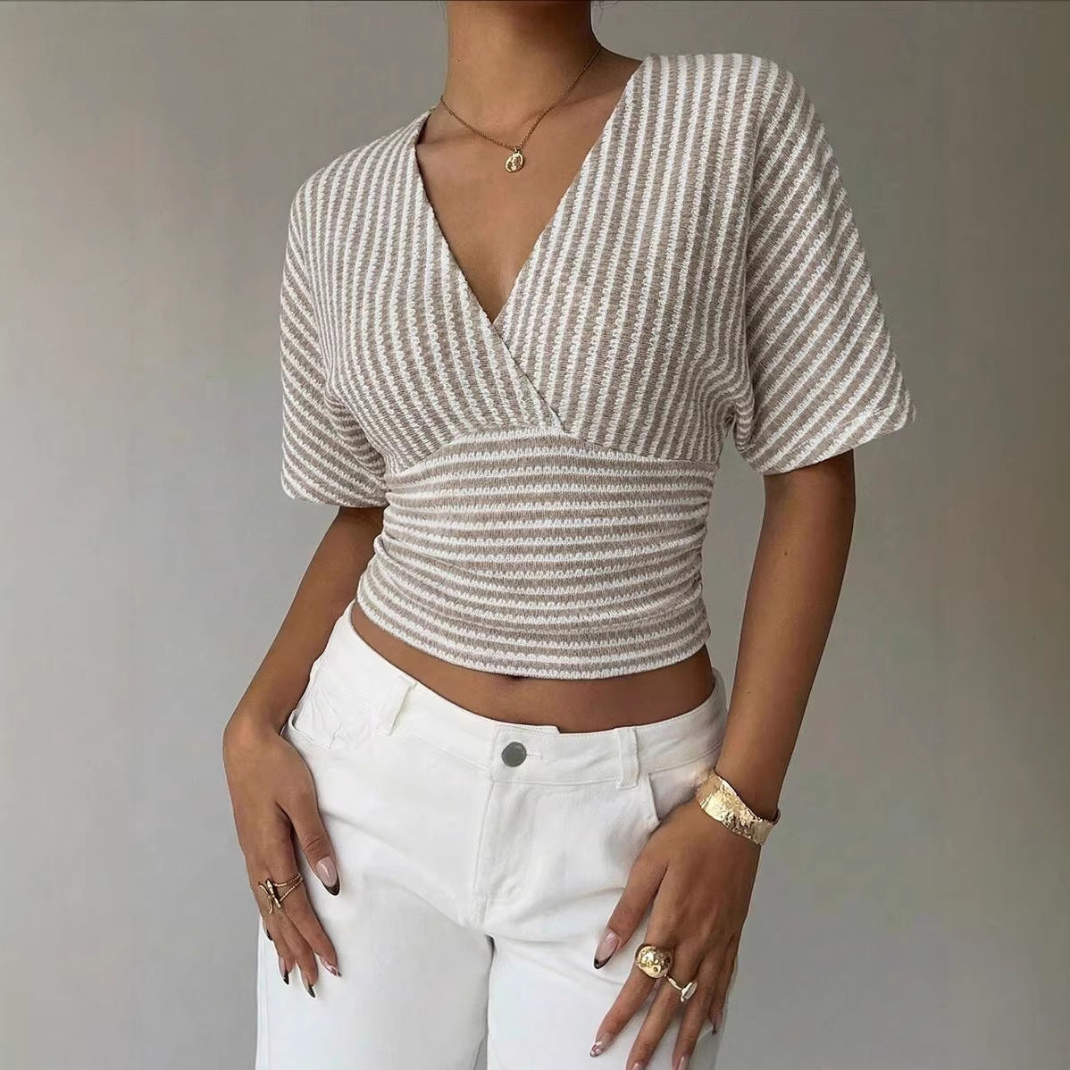 V-neck Knitted Fashion Casual Womens Striped