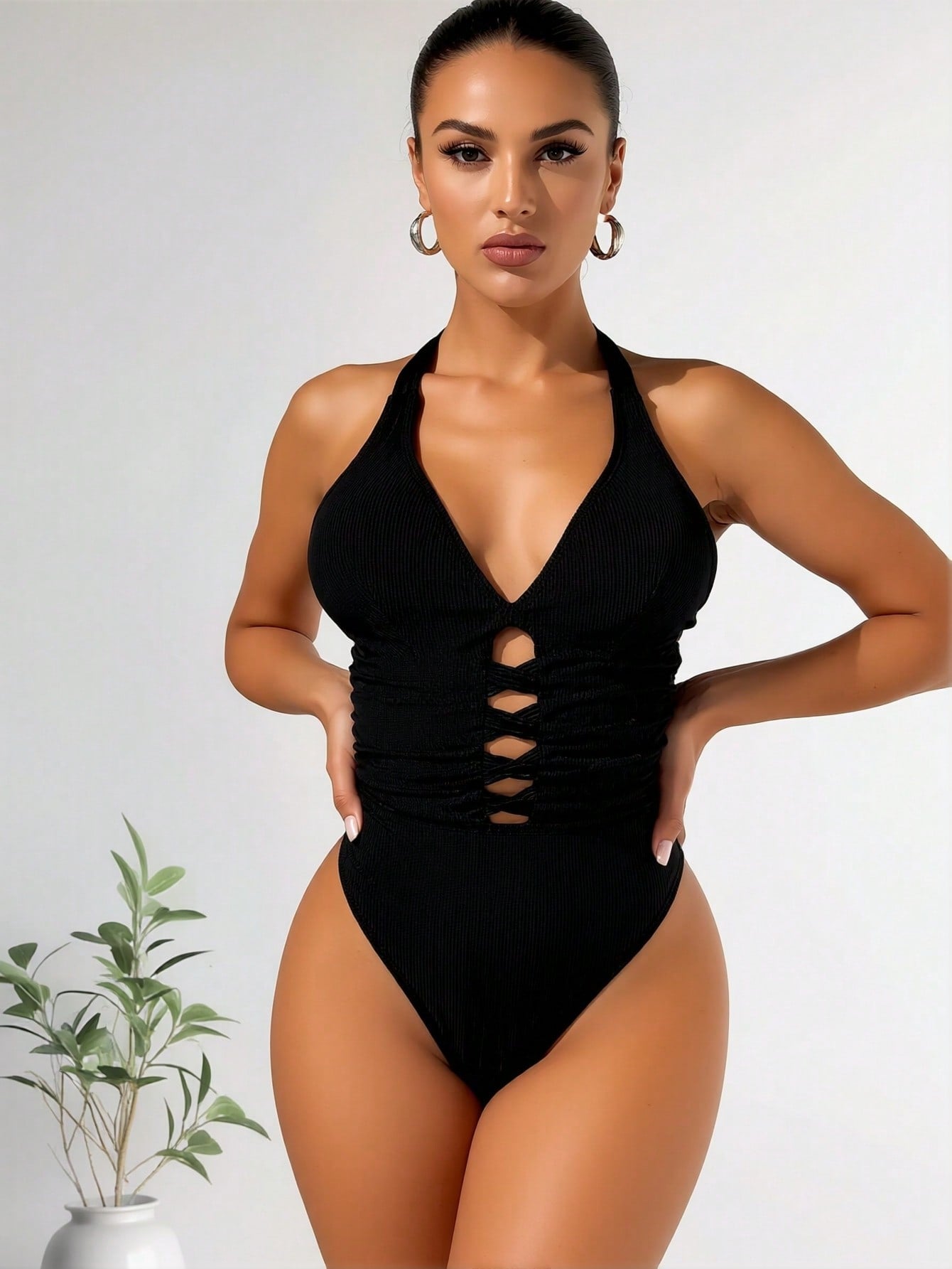 2026 New Ribbed Halter One-Piece Swimsuit, V Neck Front Lace Up Cutout Tummy Control Bathing Suit