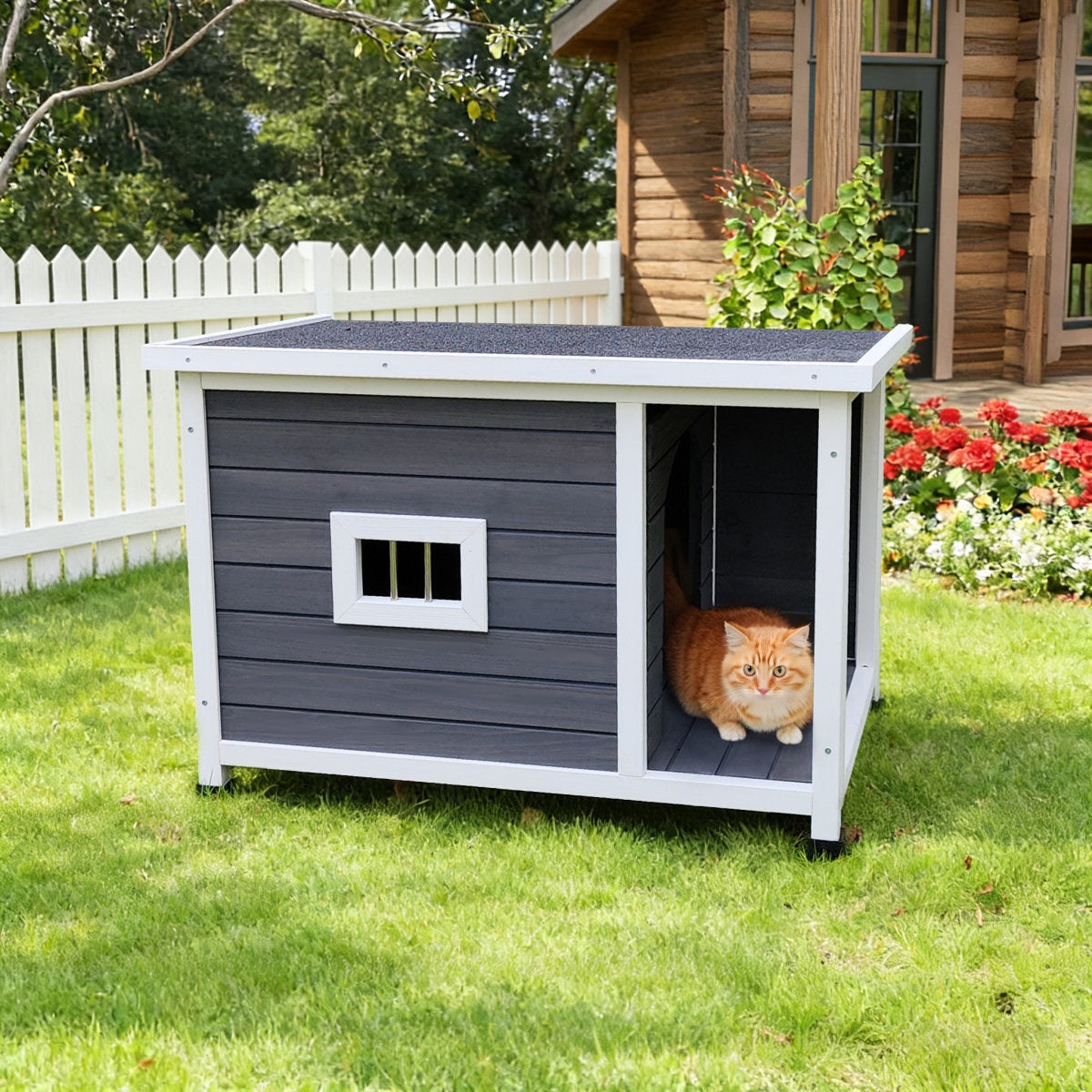 Outdoor Gray Cat House With Waterproof Roof, Ventilated Windows, And Sturdy Metal Support -Spacious & Stylish Pet Shelter For Cats