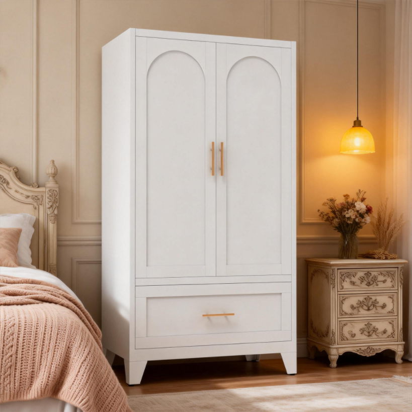 60inch Tall Metal Wardrobe Cabinet With 1 Drawer And Hanging Rod, 2 Doors Wardrobe Closet With Shelf For Bedroom, Office, Laundry Room,Entryway ,Foyer,Guesthouse White