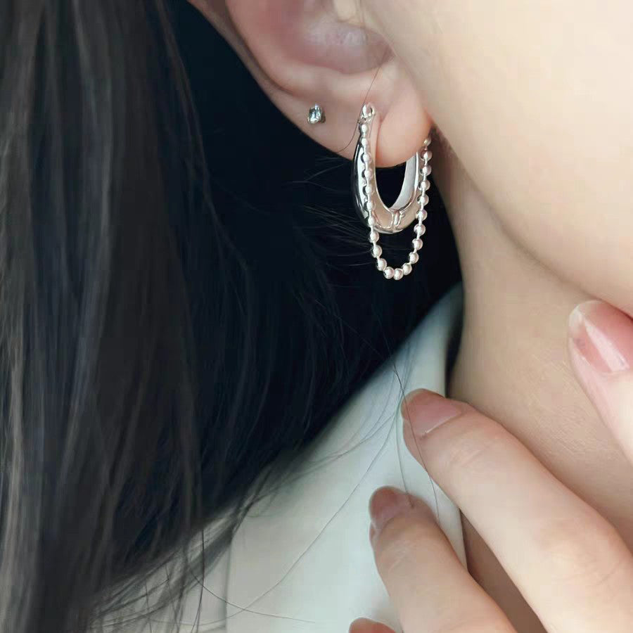 1 Pair 999 Sterling Silver Beaded Chain Hoop Earrings, Minimalist Style, Perfect For Daily Wear And Valentine's Gift