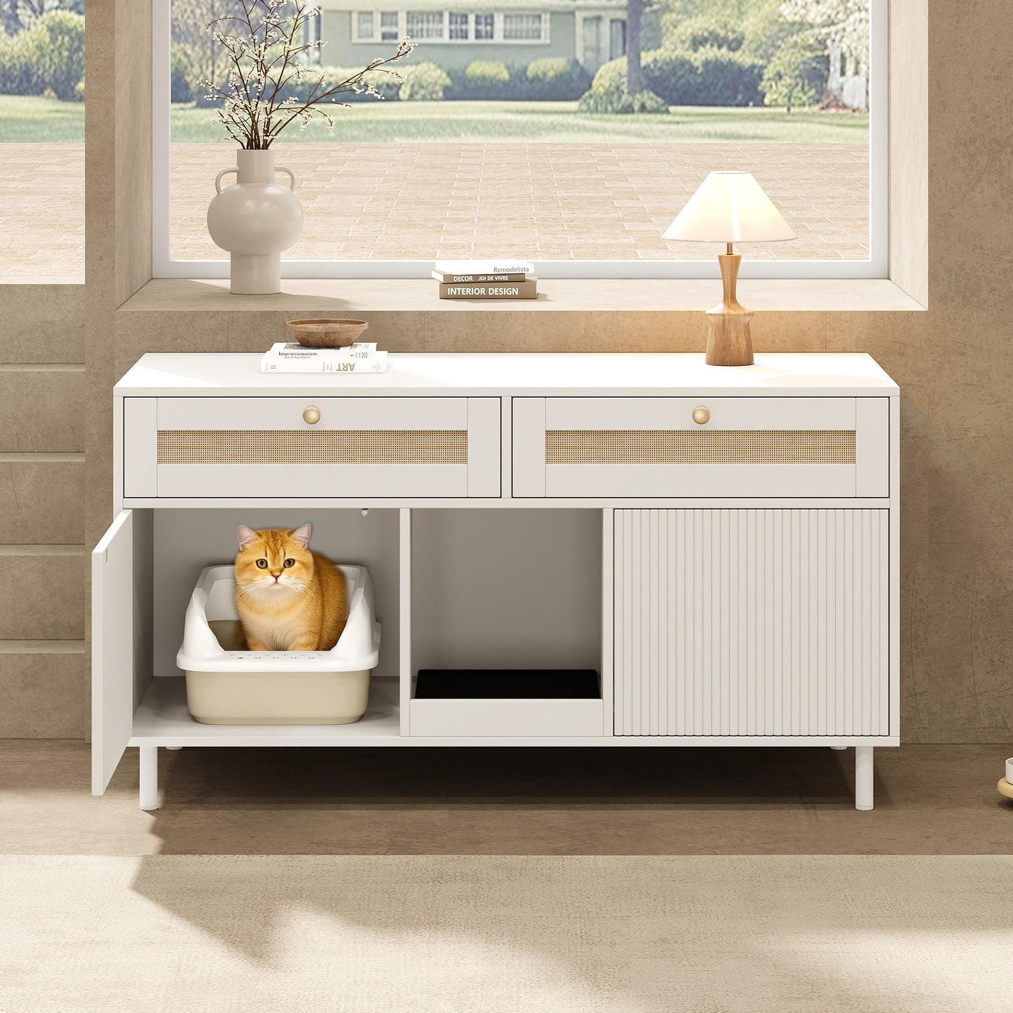 Cat Litter Cabinet With Cat Litter Mat, Cat Litter Cabinet, Pet Cabinet With Rattan Drawer, Pet Sideboard TV Cabinet, Without Cat Litter Box, White, 120x50x65 Cm