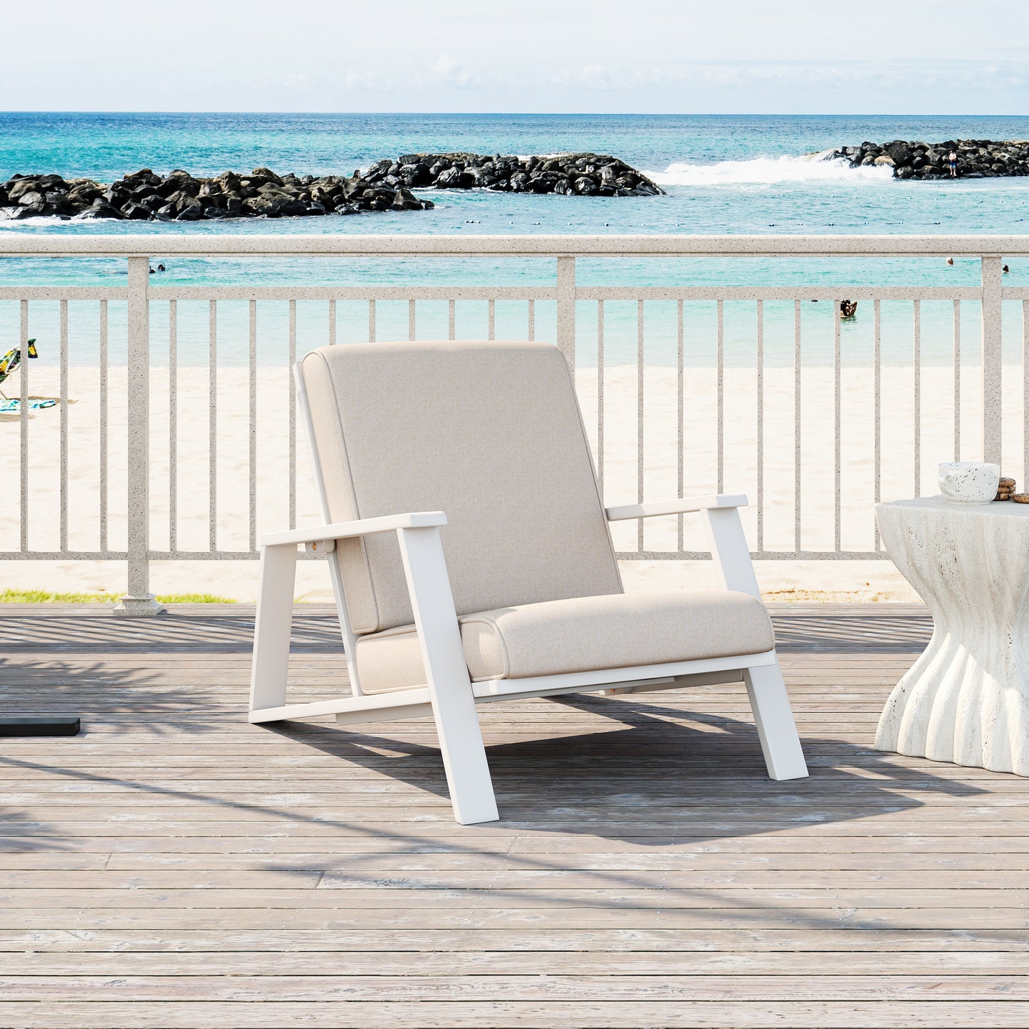 Patio Lounge Chair, Outdoor Club Chair With Beige Cushion And White Acacia Wood Frame