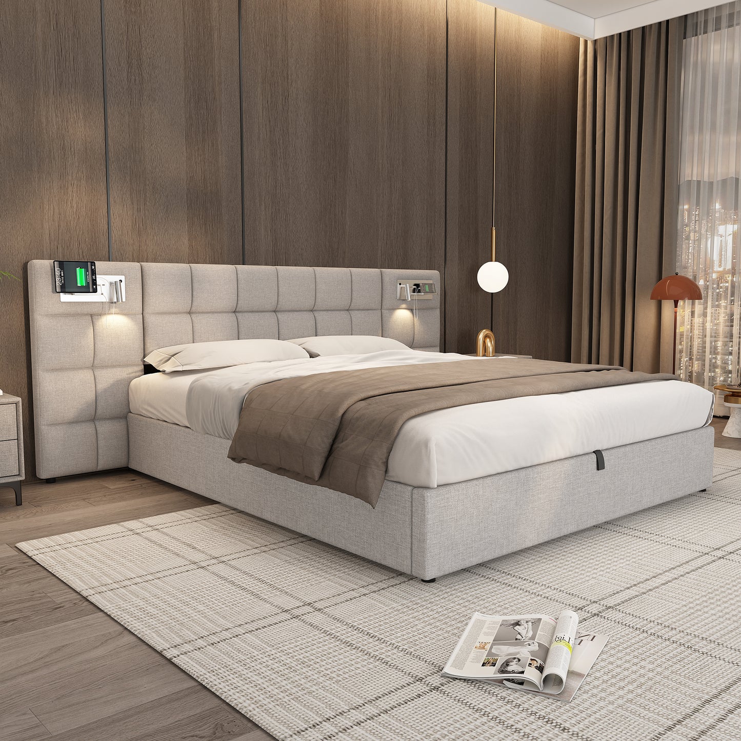 Upholstered Bed 180 X 200 Cm, Hydraulic Bed, With USB Port & Wireless Charging & Illuminated Lamp, With Storage Space, For Adults & Teenagers, Wooden Slat Support, Easy Assembly, Linen, Grey