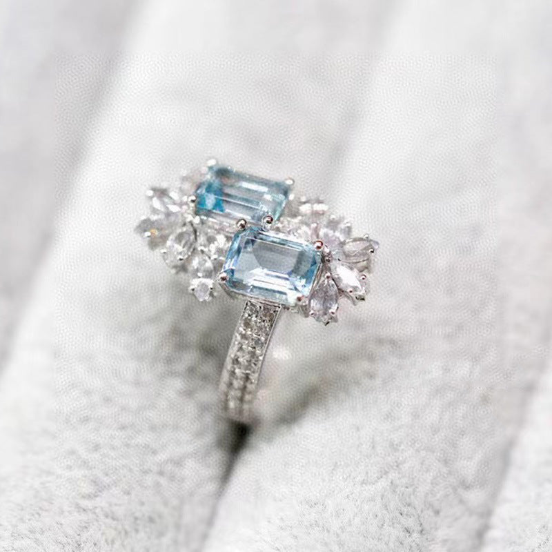 925 Sterling Silver Snowflake Ring, Fashion Unique Ins Style Aquamarine Ring, New Summer Adjustable Index Finger Ring