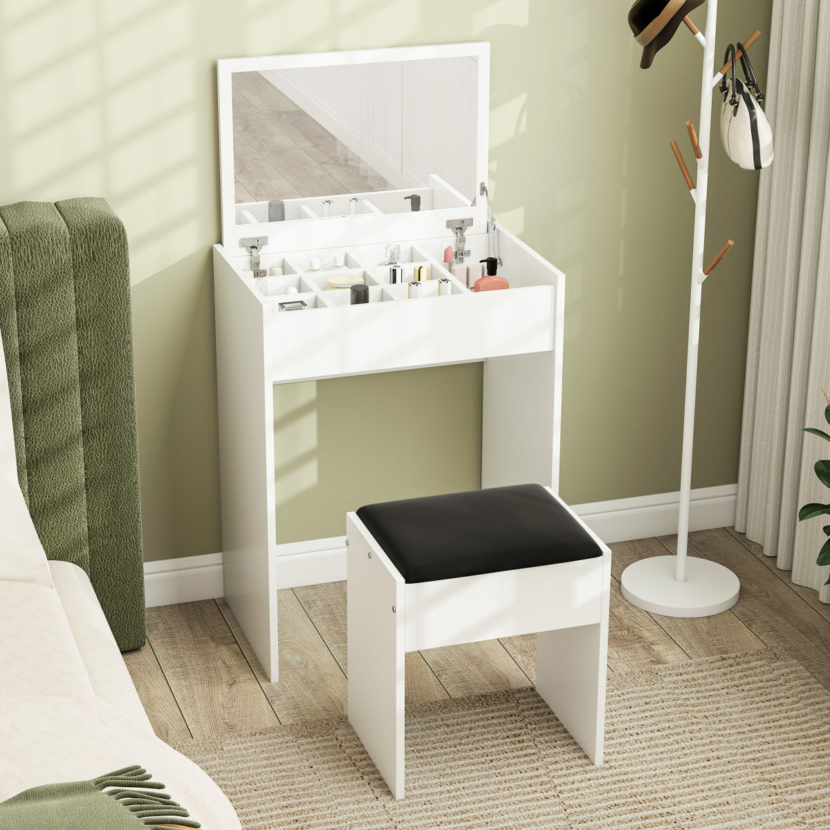 Dressing Table With Mirror And Stool, Vanity Makeup Table With Flip Up Mirror, Vanity Desk With Storage Unit And Padded Seat, White